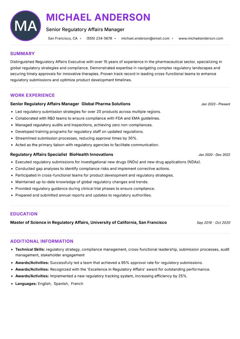 Regulatory Affairs Executive resume example — ATS-friendly template