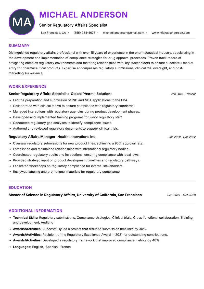Regulatory Affairs Instructor resume example — ATS-friendly template