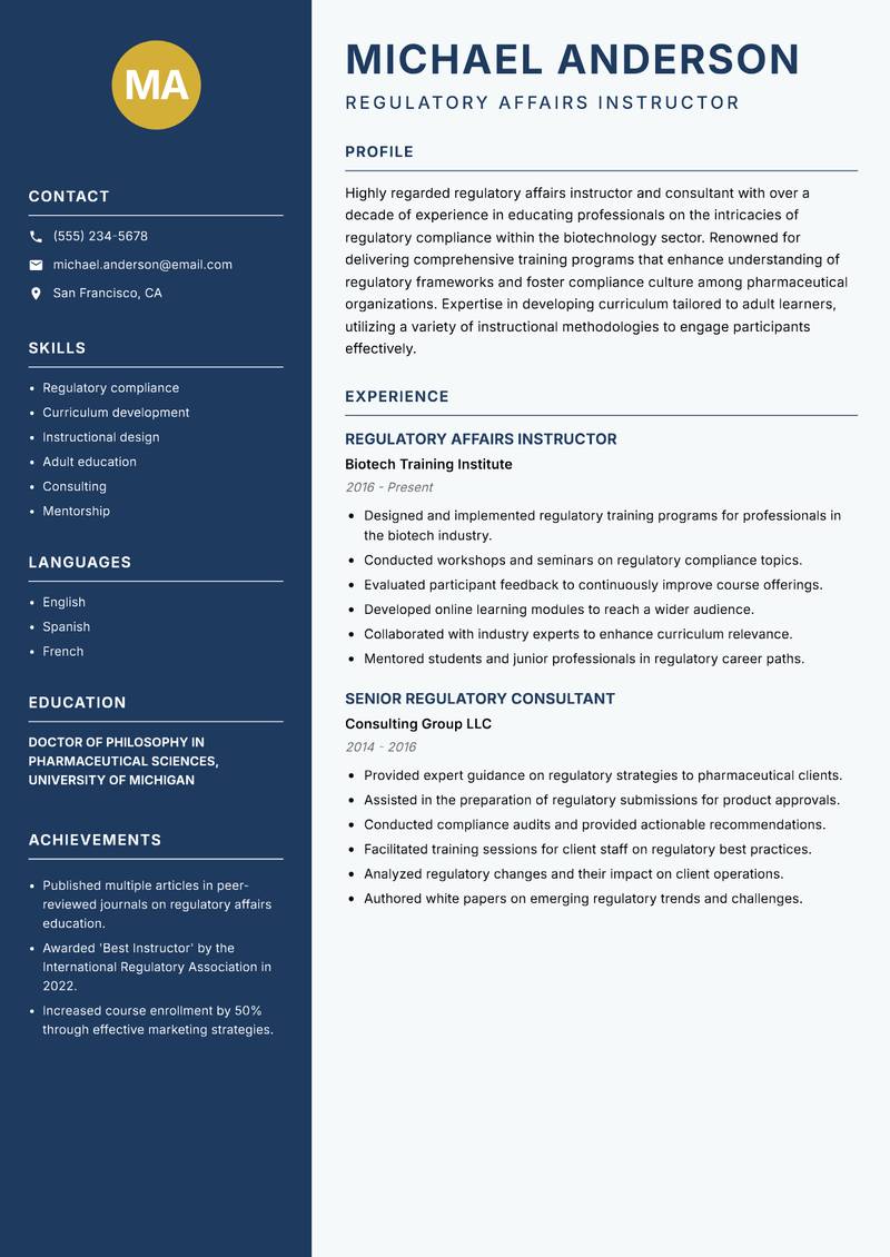 Regulatory Affairs Instructor resume template — Classic Clean