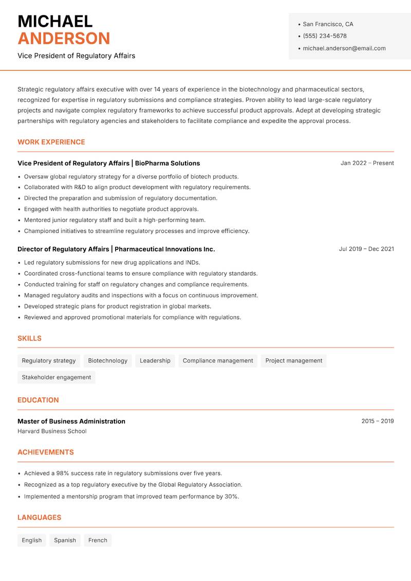 Regulatory Affairs Instructor resume template — Modern Professional