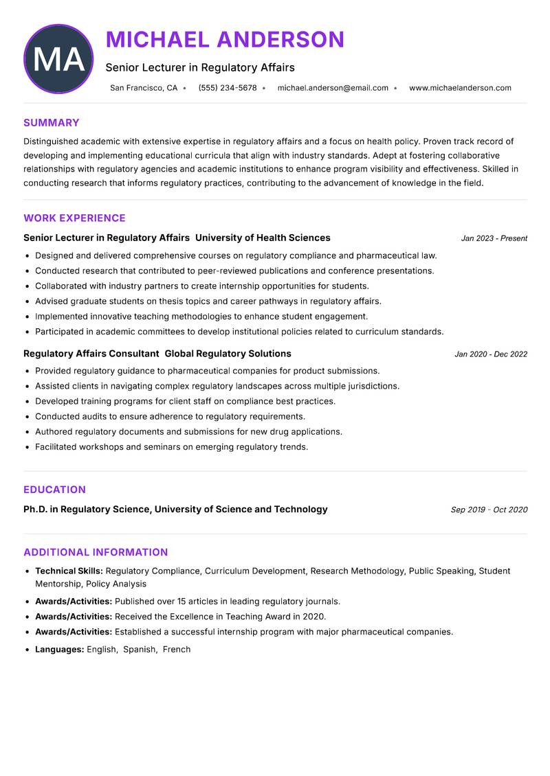 Regulatory Affairs Lecturer resume example — ATS-friendly template