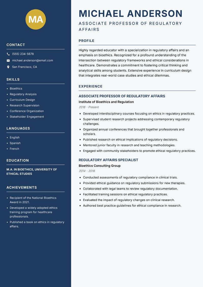 Regulatory Affairs Lecturer resume template — Classic Clean