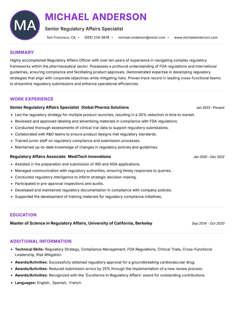 Regulatory Affairs Officer resume example — ATS-friendly template
