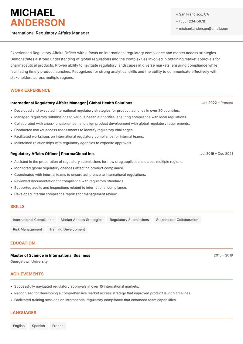 Regulatory Affairs Officer resume template — Modern Professional
