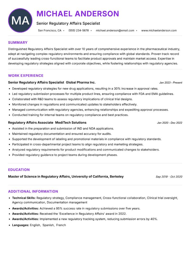 Regulatory Affairs Specialist resume example — ATS-friendly template