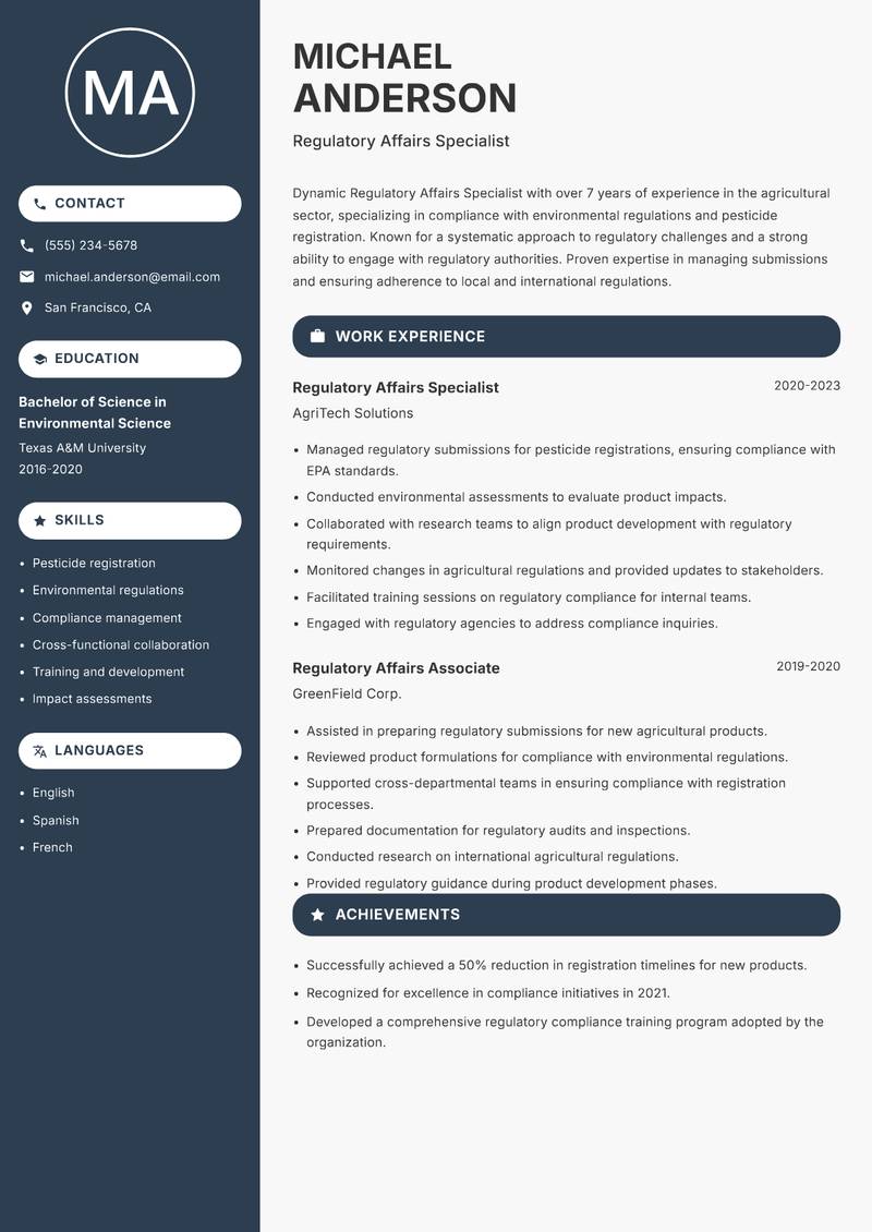 Regulatory Affairs Specialist resume template — Compact