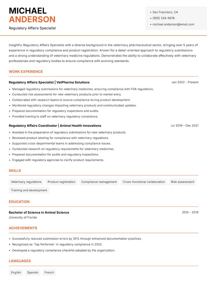 Regulatory Affairs Specialist resume template — Modern Professional
