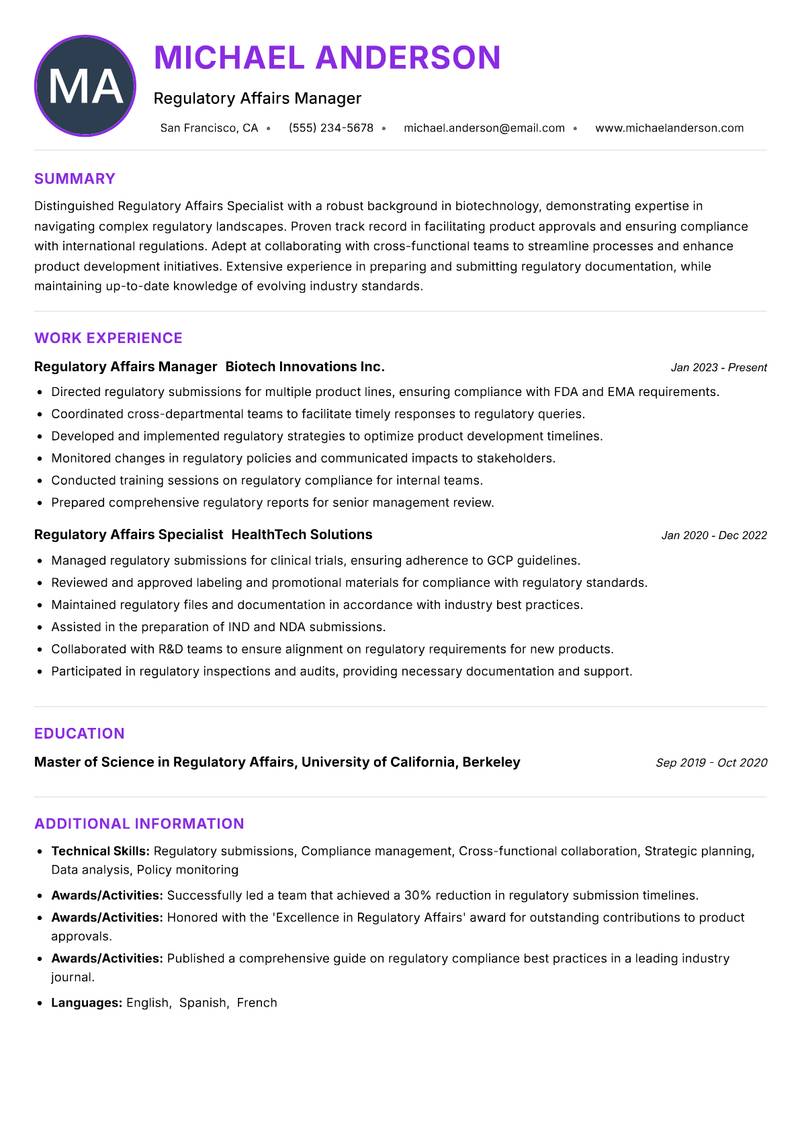 Regulatory Affairs Specialist Biotechnology resume example — ATS-friendly template