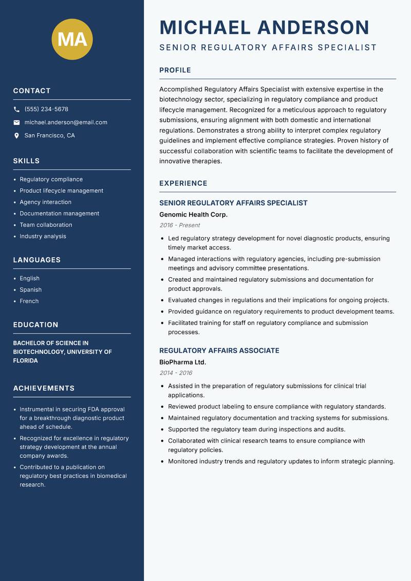 Regulatory Affairs Specialist Biotechnology resume template — Classic Clean