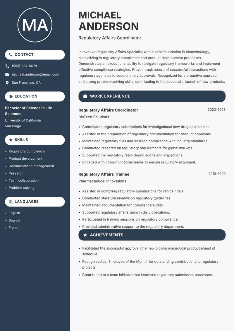 Regulatory Affairs Specialist Biotechnology resume template — Compact