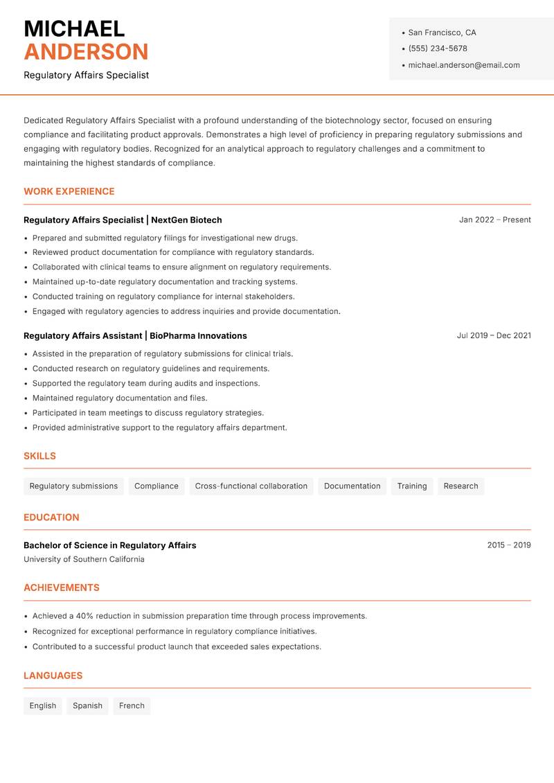 Regulatory Affairs Specialist Biotechnology resume template — Modern Professional