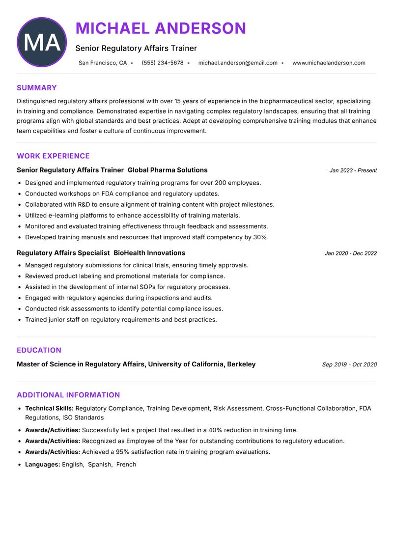 Regulatory Affairs Trainer resume example — ATS-friendly template