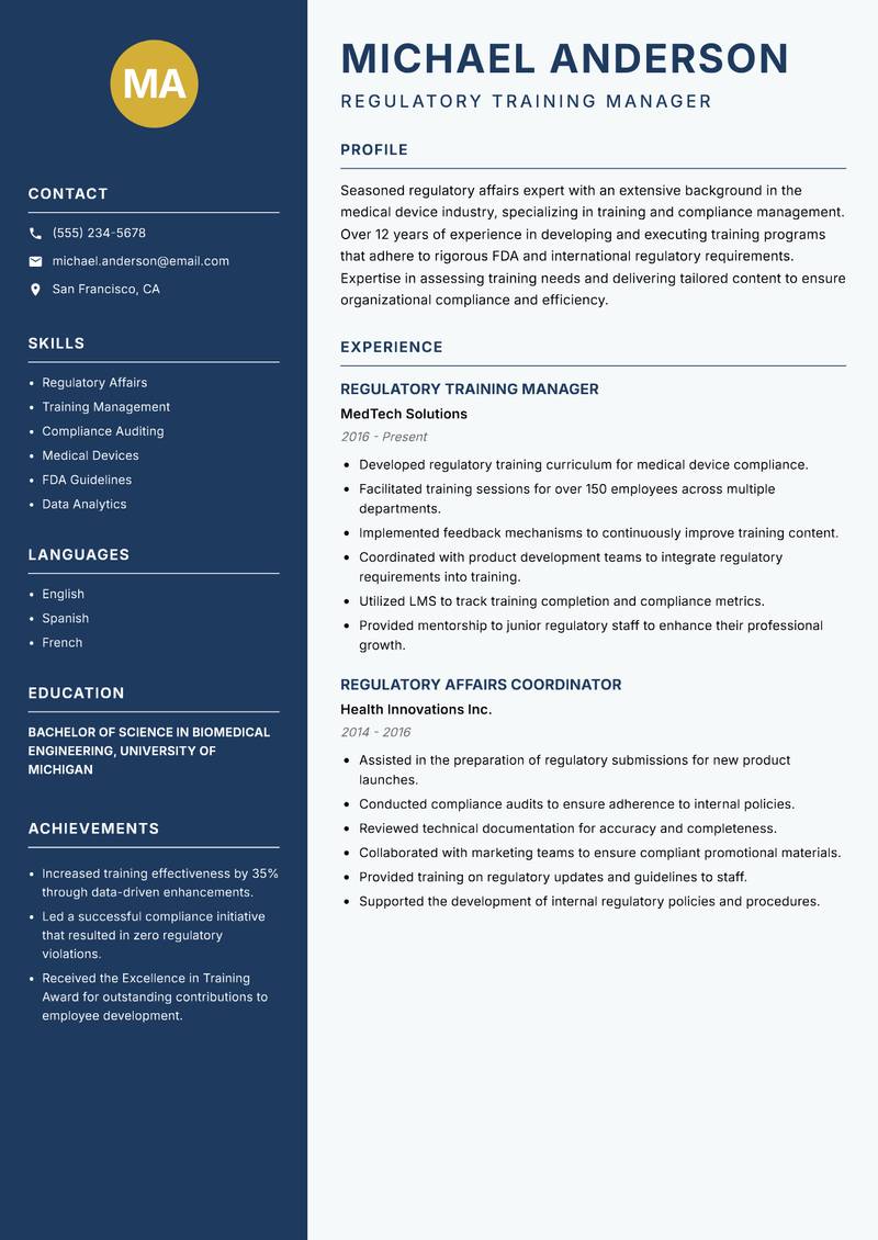 Regulatory Affairs Trainer resume template — Classic Clean