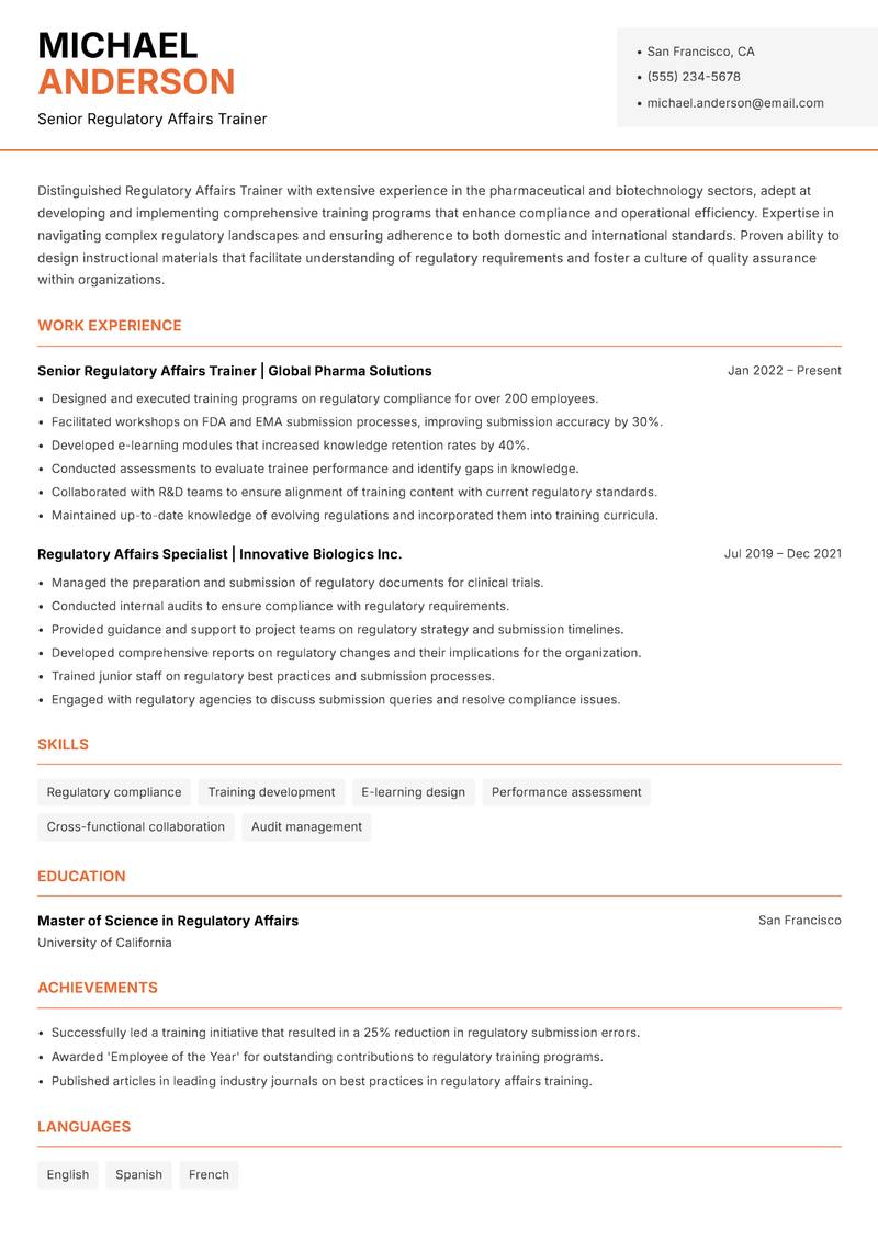 Regulatory Affairs Trainer resume template — Modern Professional