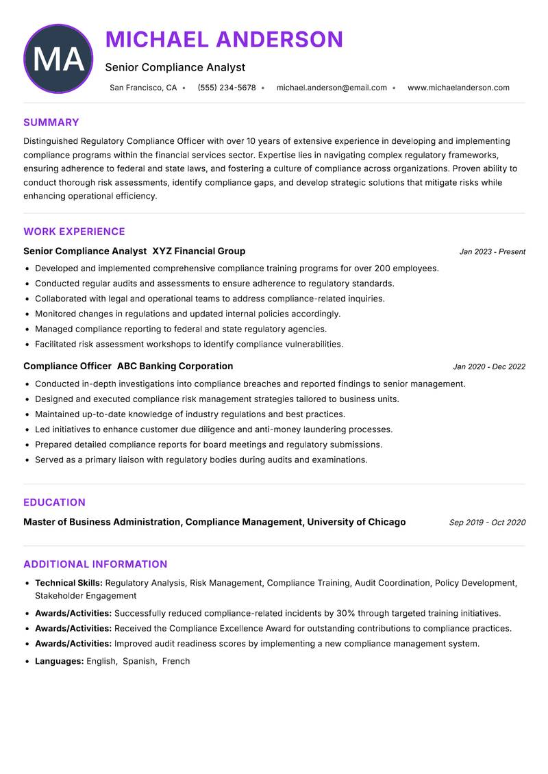 Regulatory Compliance Officer resume example — ATS-friendly template