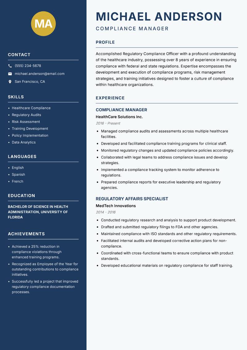 Regulatory Compliance Officer resume template — Classic Clean