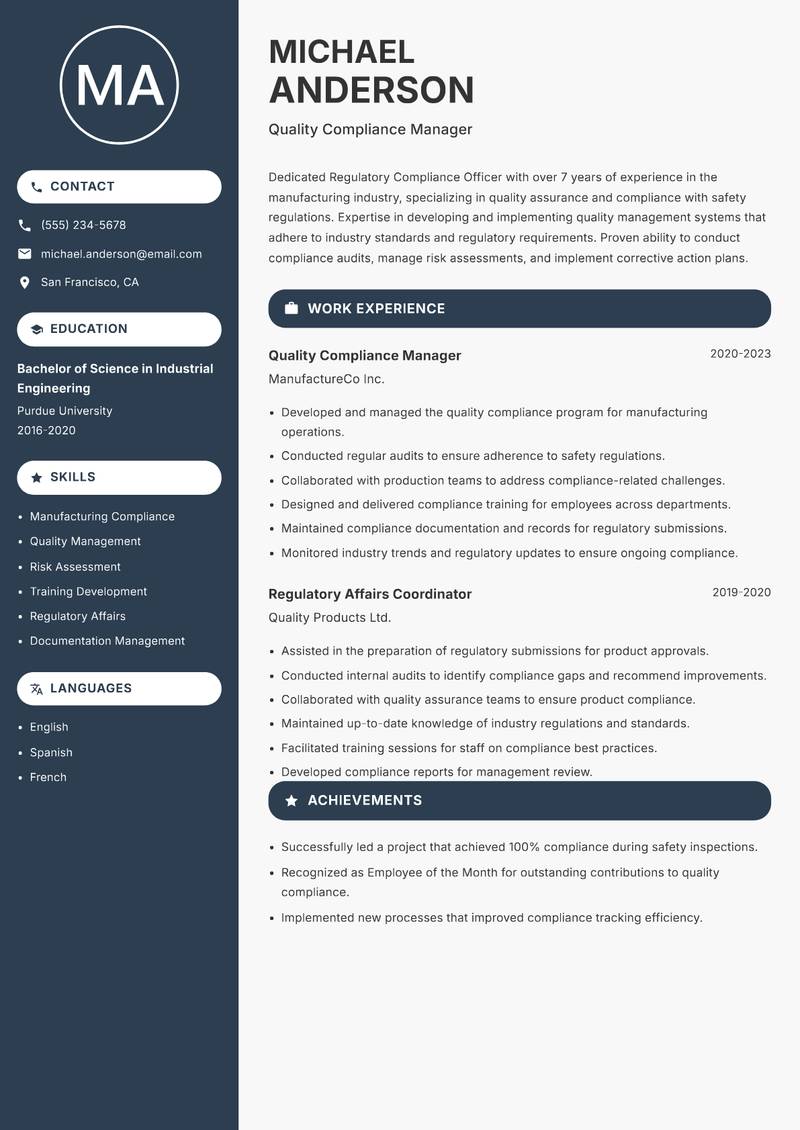 Regulatory Compliance Officer resume template — Compact
