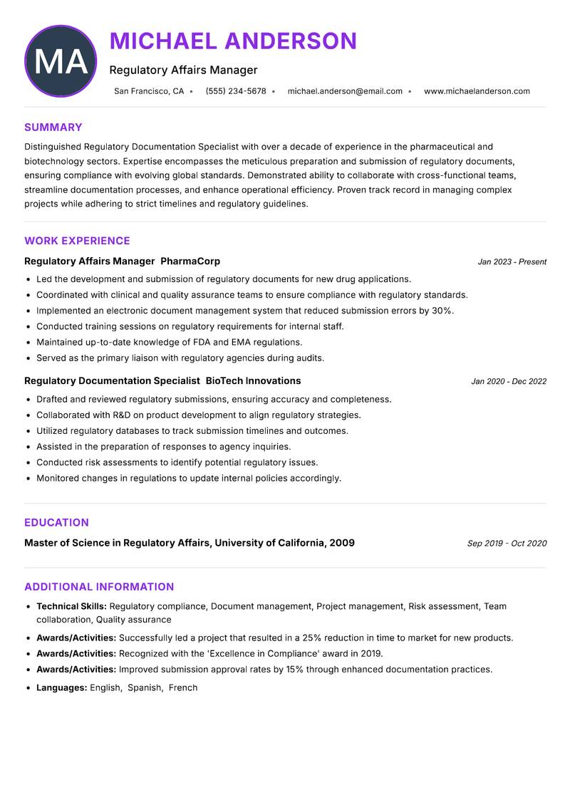 Regulatory Documentation Specialist resume example — ATS-friendly template