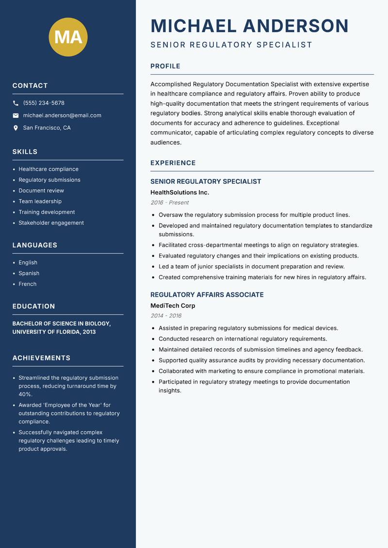 Regulatory Documentation Specialist resume template — Classic Clean