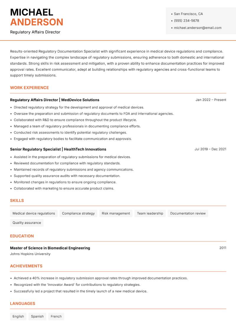 Regulatory Documentation Specialist resume template — Modern Professional