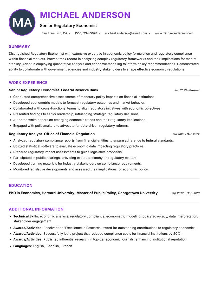 Regulatory Economist resume example — ATS-friendly template