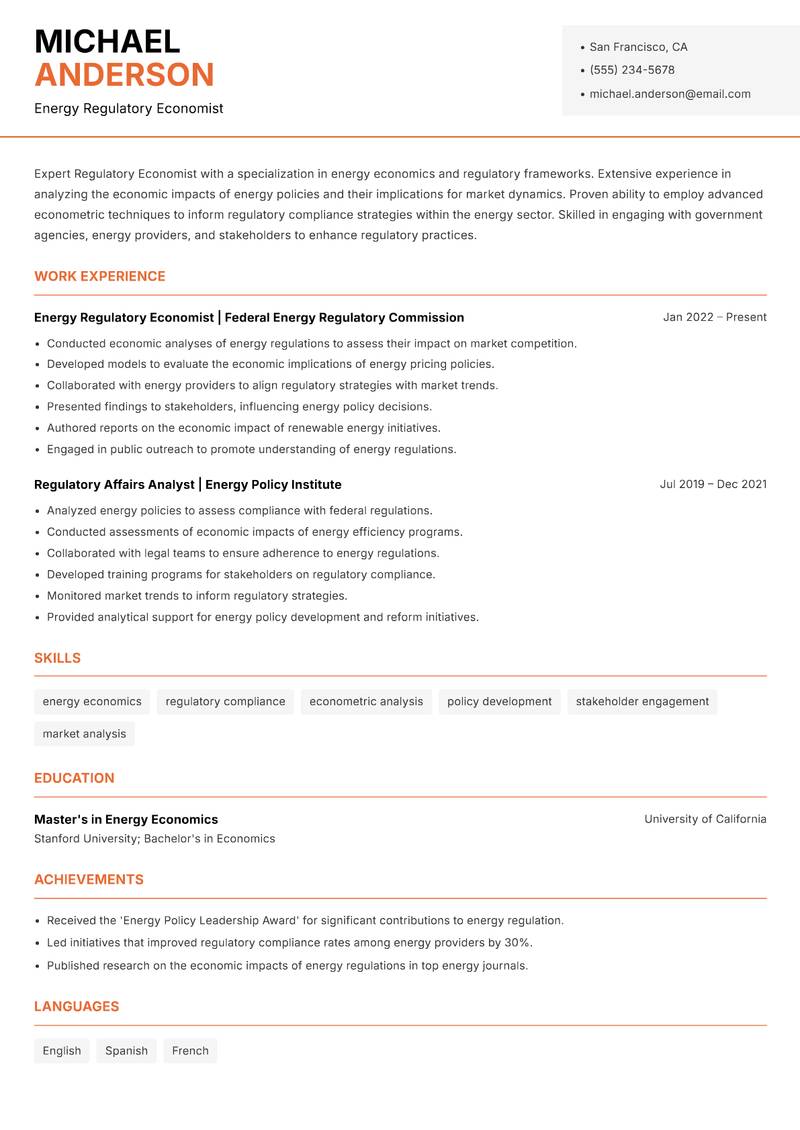 Regulatory Economist resume template — Modern Professional