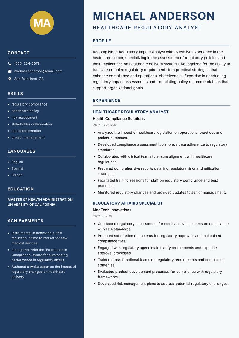Regulatory Impact Analyst resume template — Classic Clean