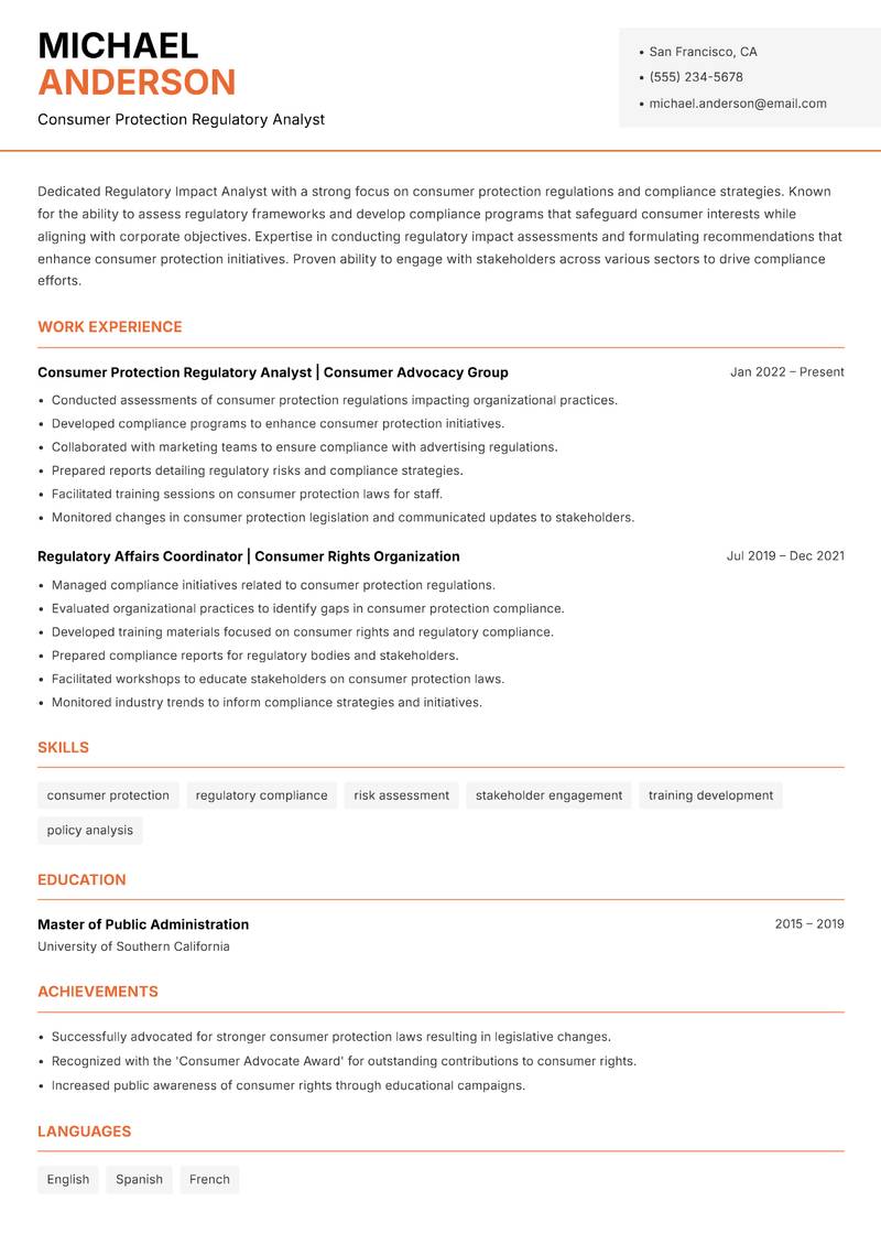 Regulatory Impact Analyst resume template — Modern Professional