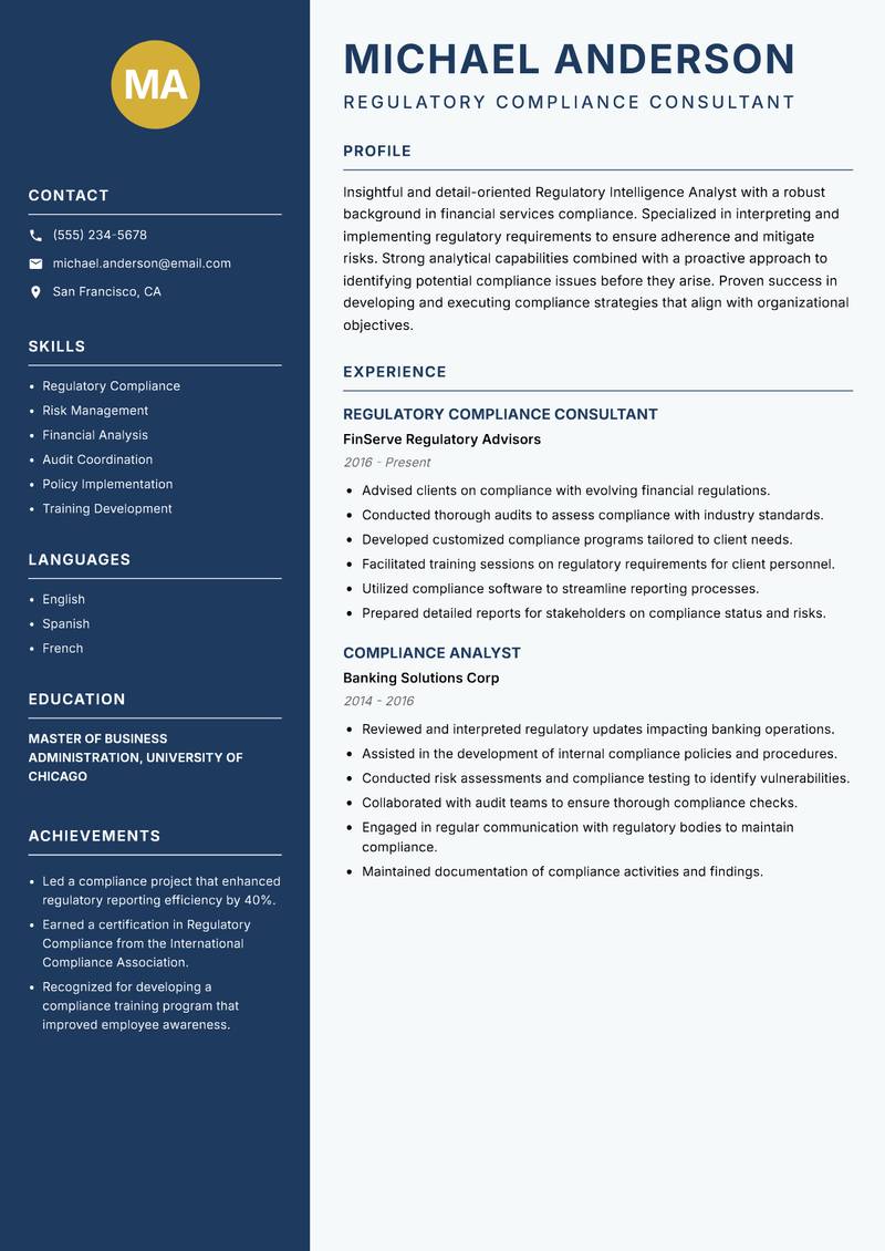 Regulatory Intelligence Analyst resume template — Classic Clean