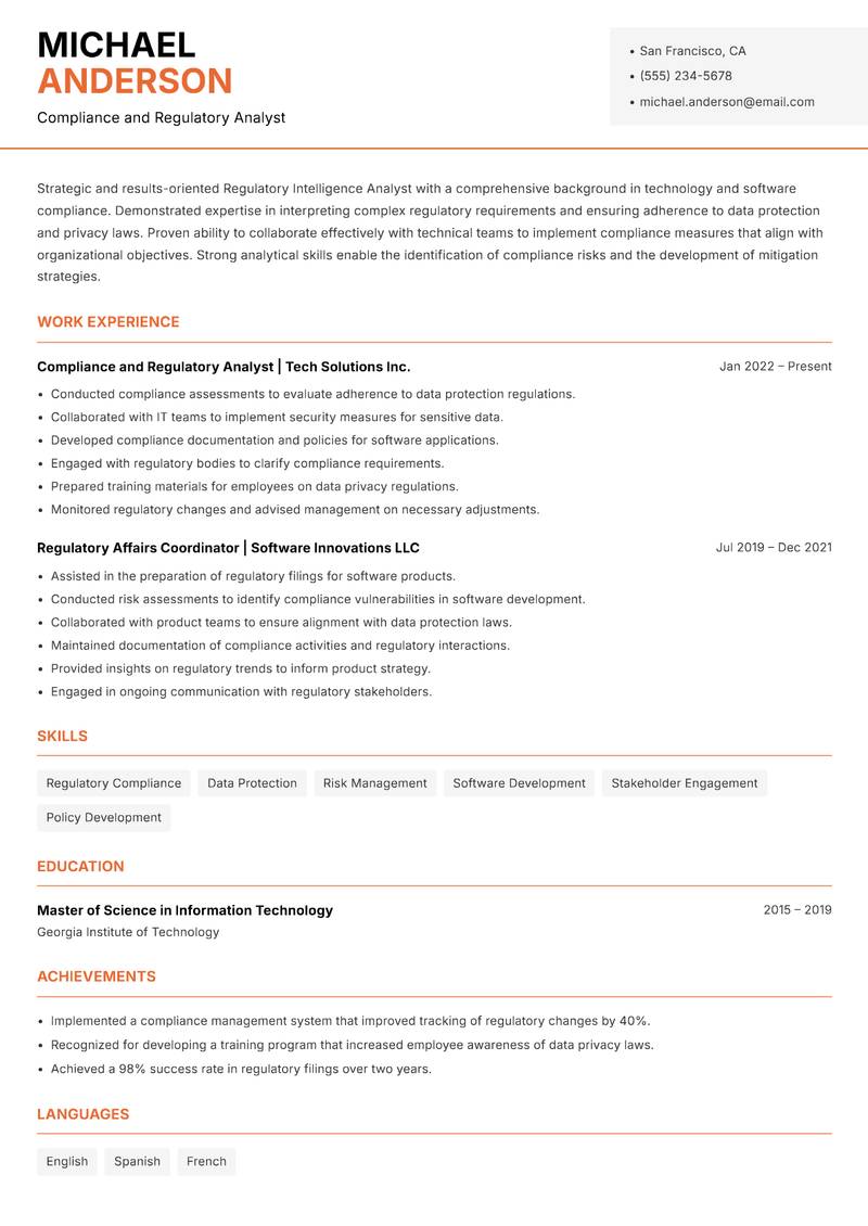 Regulatory Intelligence Analyst resume template — Modern Professional