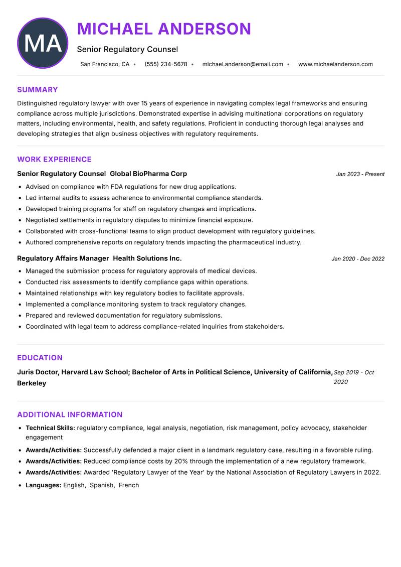 Regulatory Lawyer resume example — ATS-friendly template