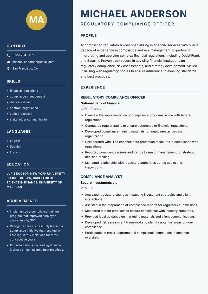 Regulatory Lawyer resume template — Classic Clean