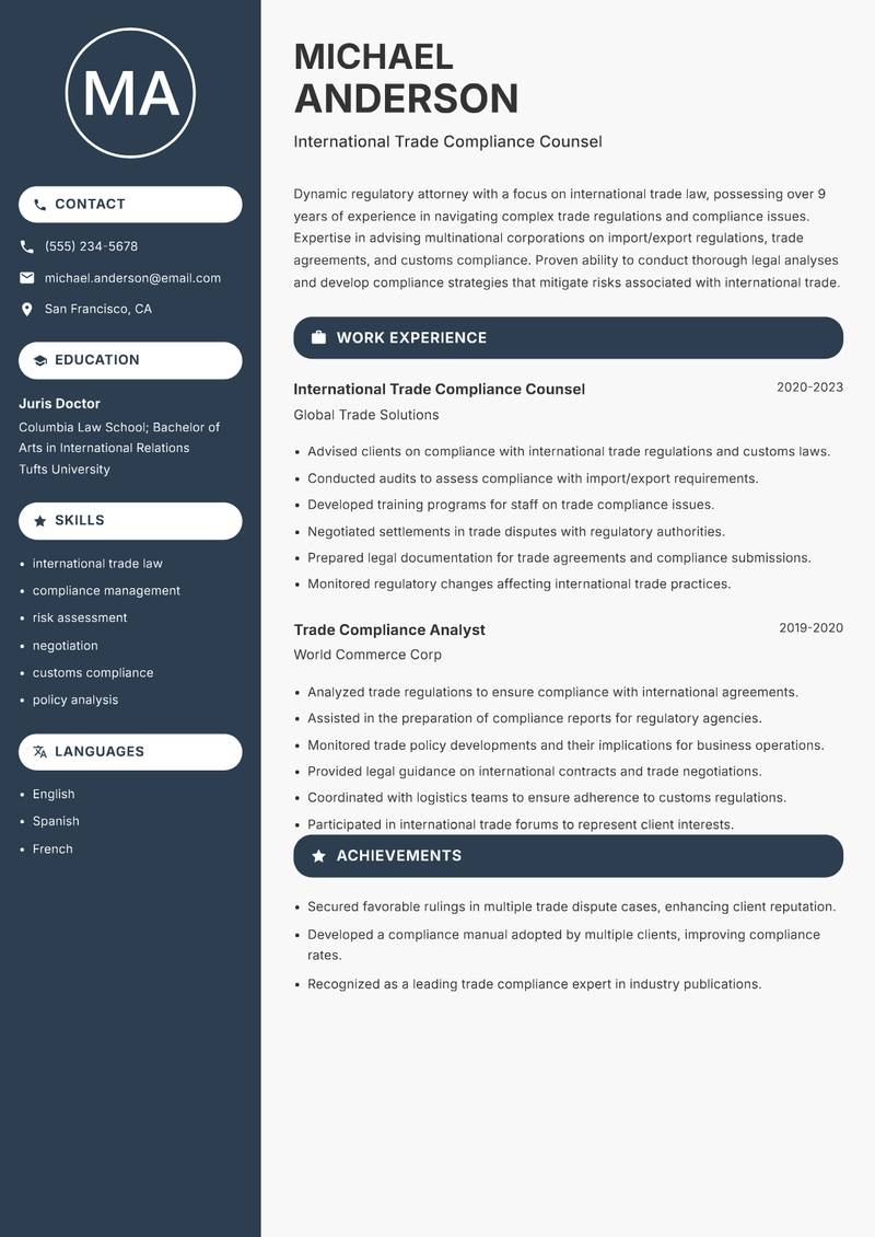 Regulatory Lawyer resume template — Compact