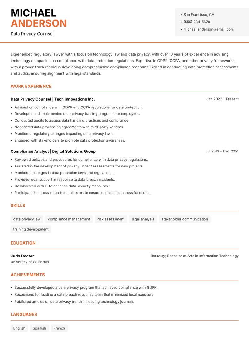Regulatory Lawyer resume template — Modern Professional