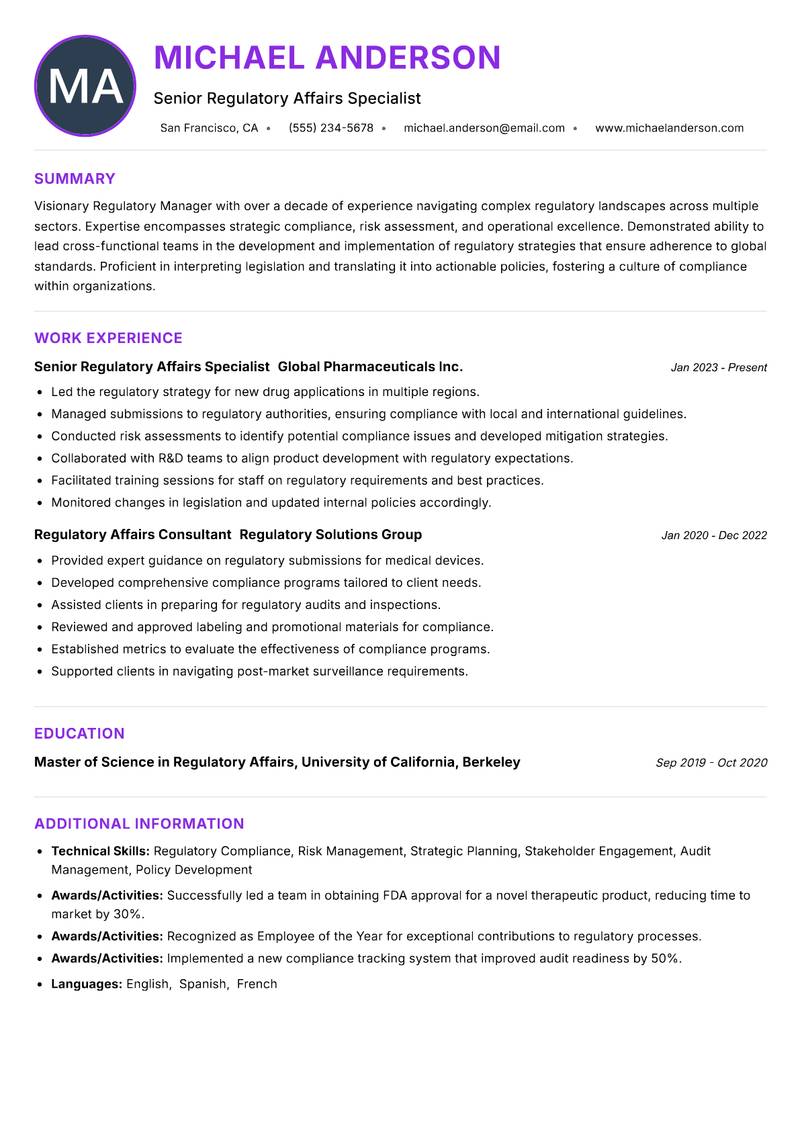 Regulatory Manager resume example — ATS-friendly template