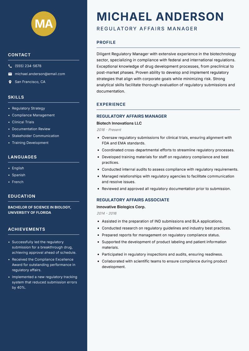 Regulatory Manager resume template — Classic Clean