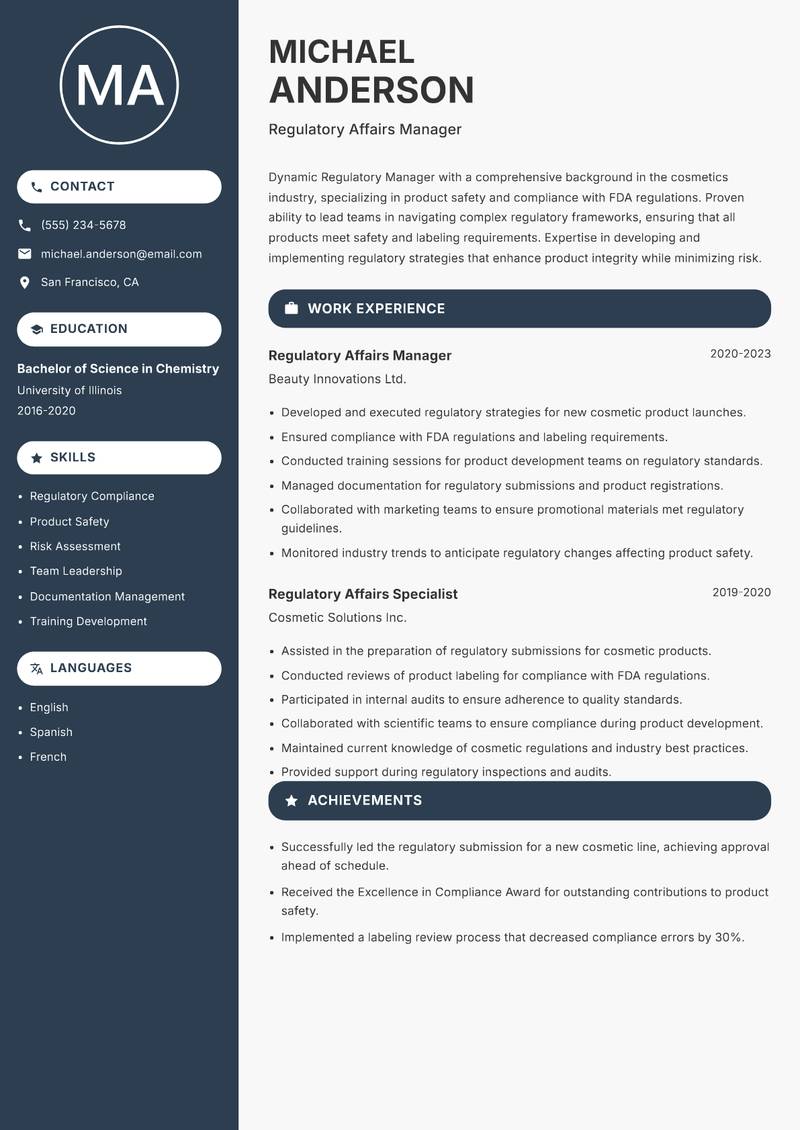 Regulatory Manager resume template — Compact