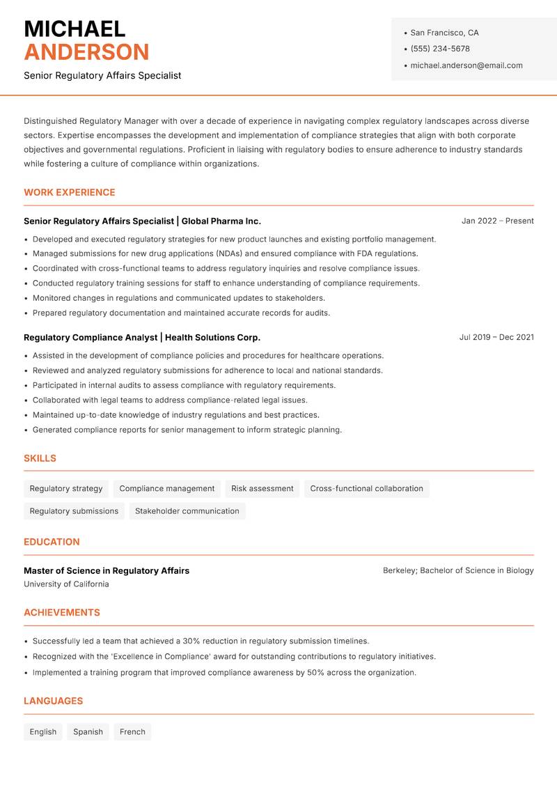 Regulatory Manager resume template — Modern Professional