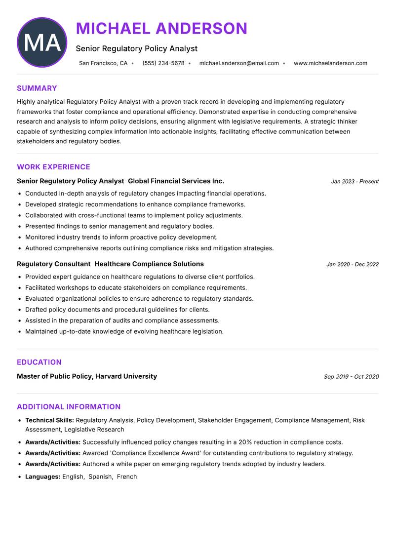 Regulatory Policy Analyst resume example — ATS-friendly template