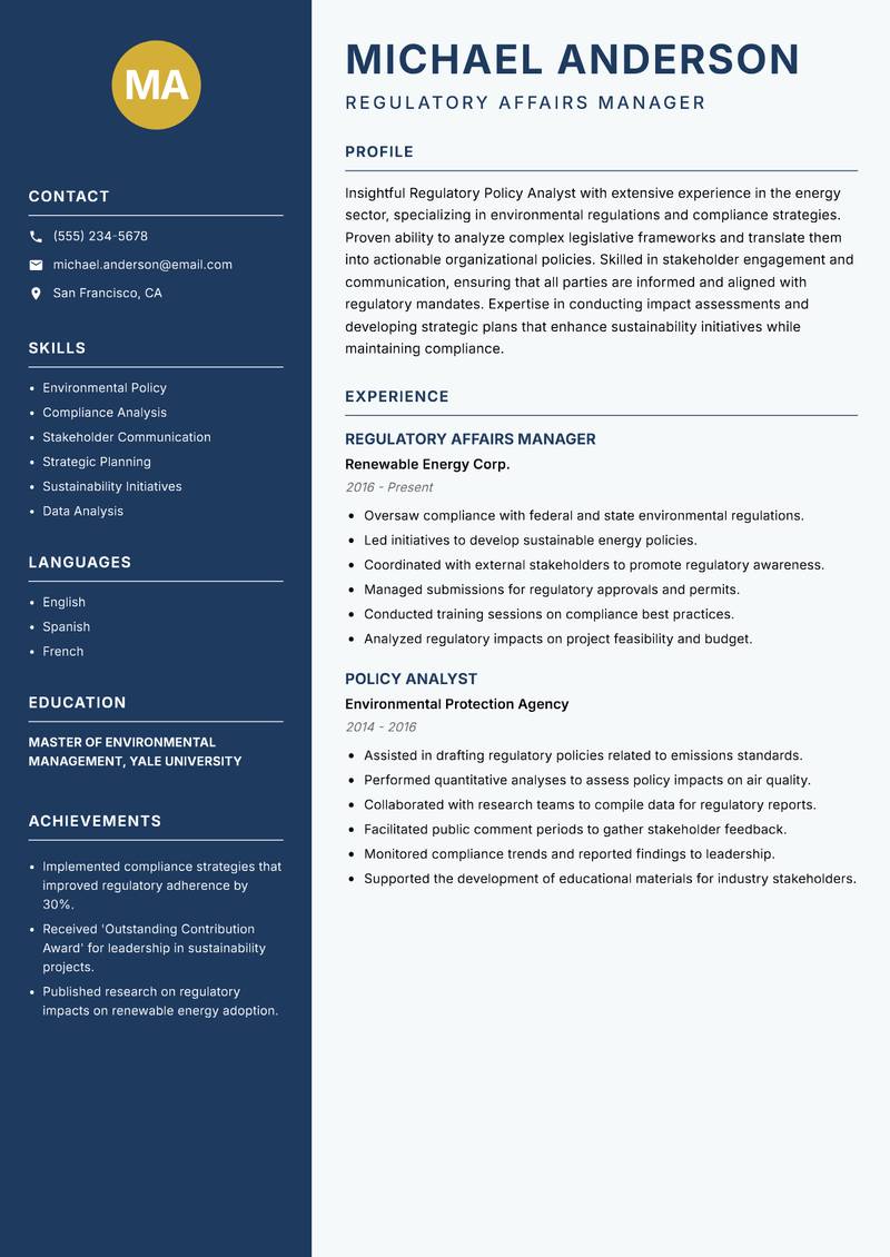 Regulatory Policy Analyst resume template — Classic Clean