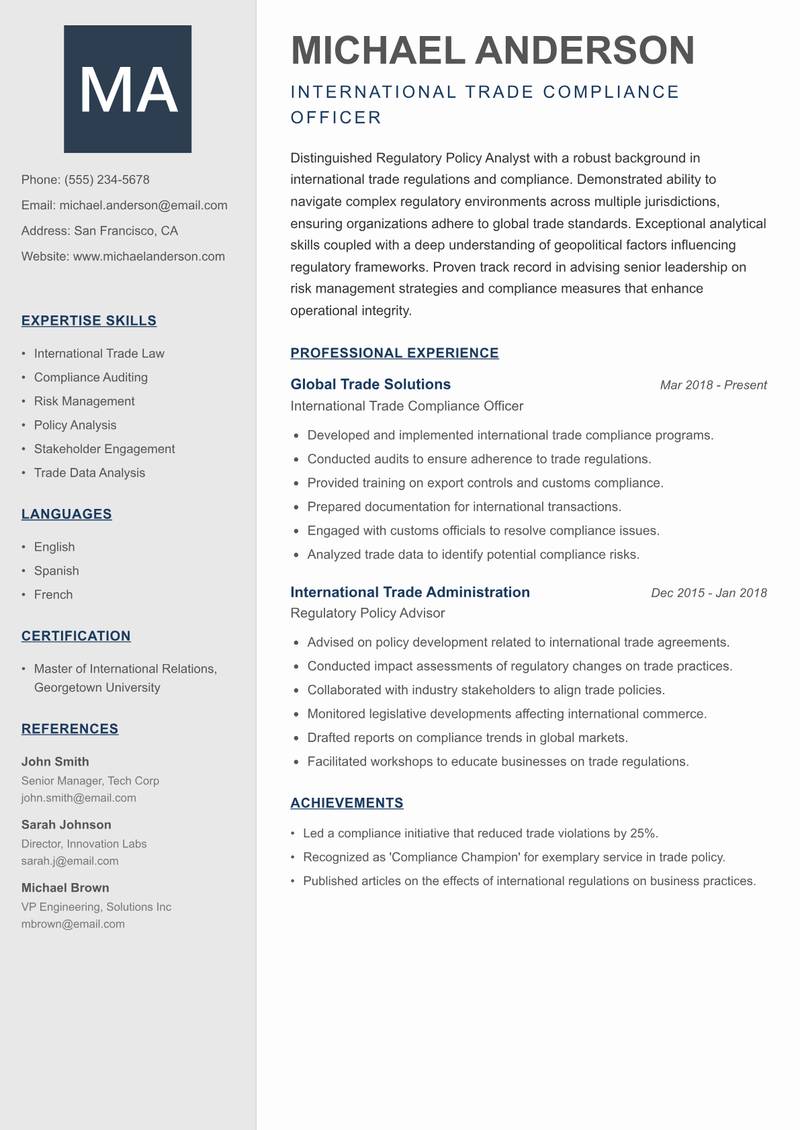 Regulatory Policy Analyst resume template — Creative Minimal
