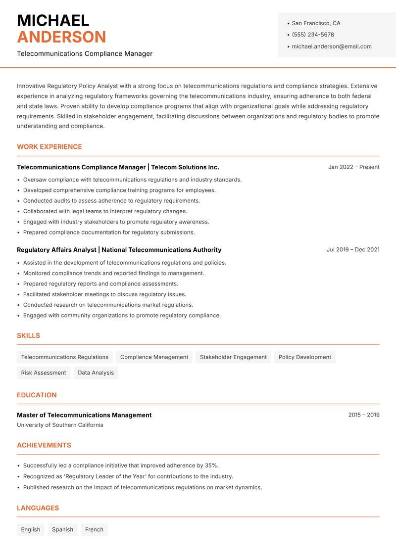 Regulatory Policy Analyst resume template — Modern Professional