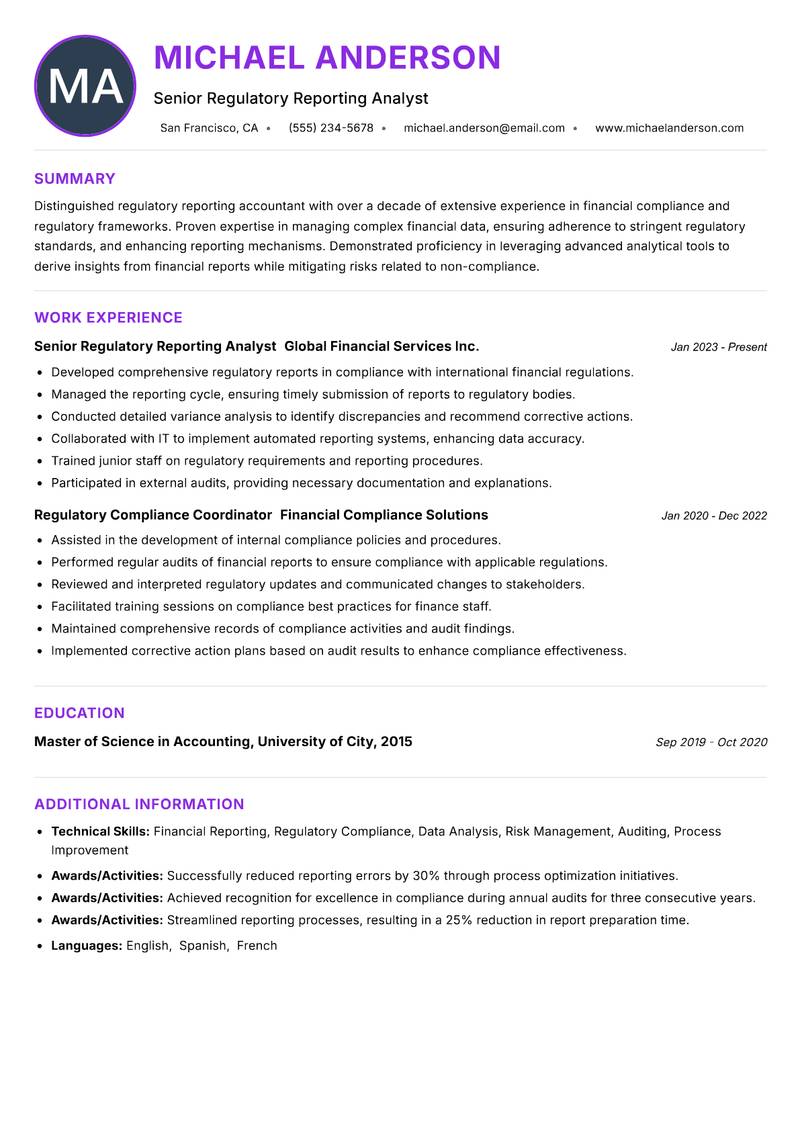 Regulatory Reporting Accountant resume example — ATS-friendly template