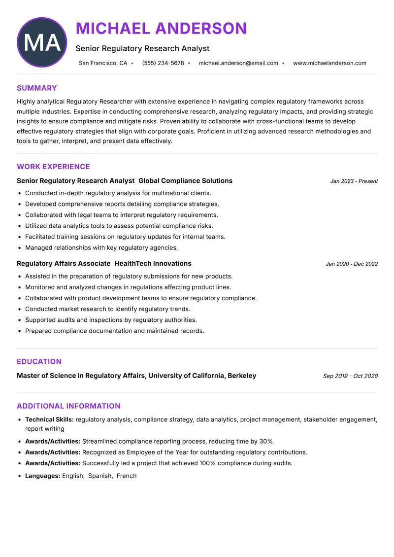 Regulatory Researcher resume example — ATS-friendly template