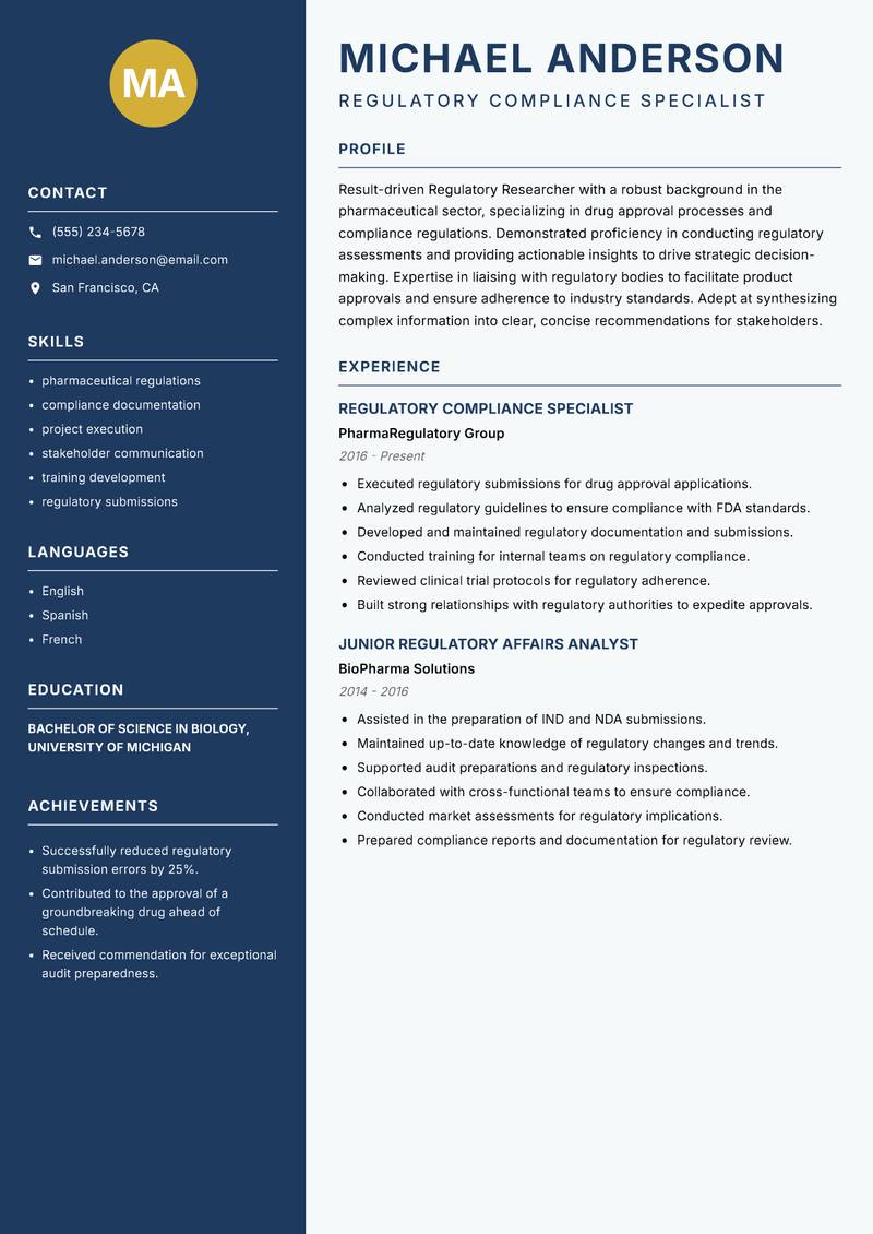 Regulatory Researcher resume template — Classic Clean