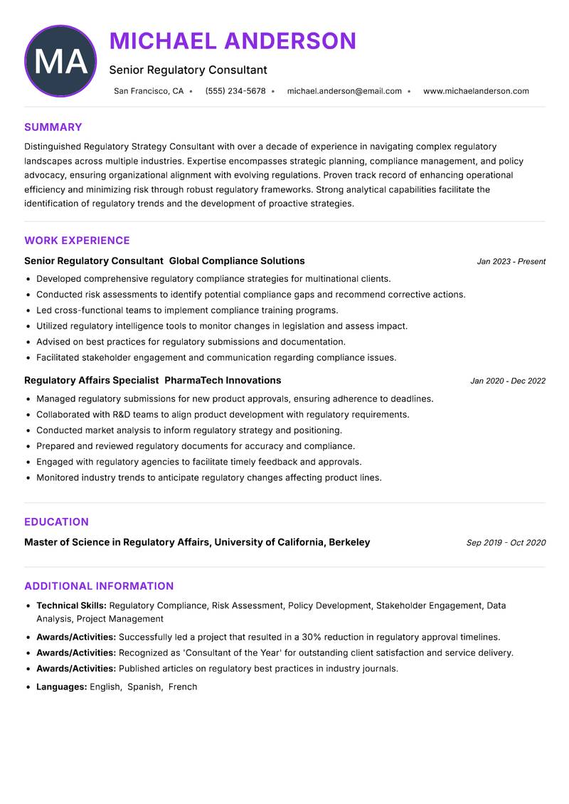 Regulatory Strategy Consultant resume example — ATS-friendly template