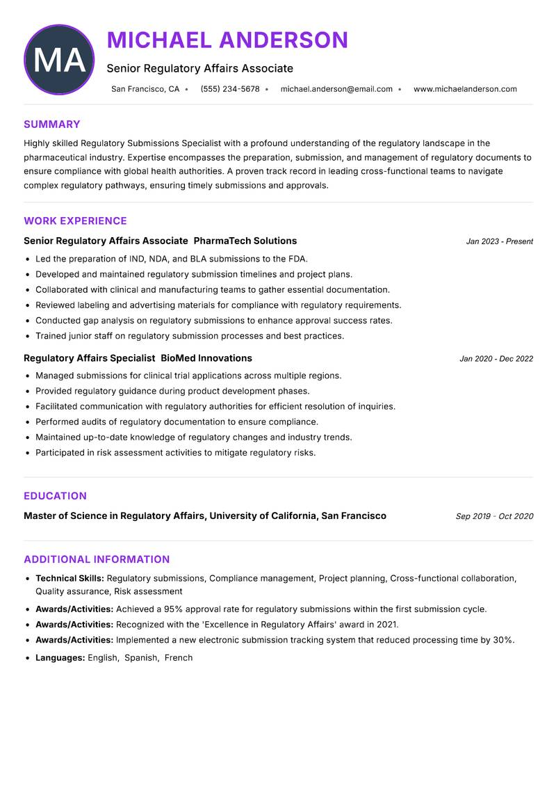 Regulatory Submissions Specialist resume example — ATS-friendly template