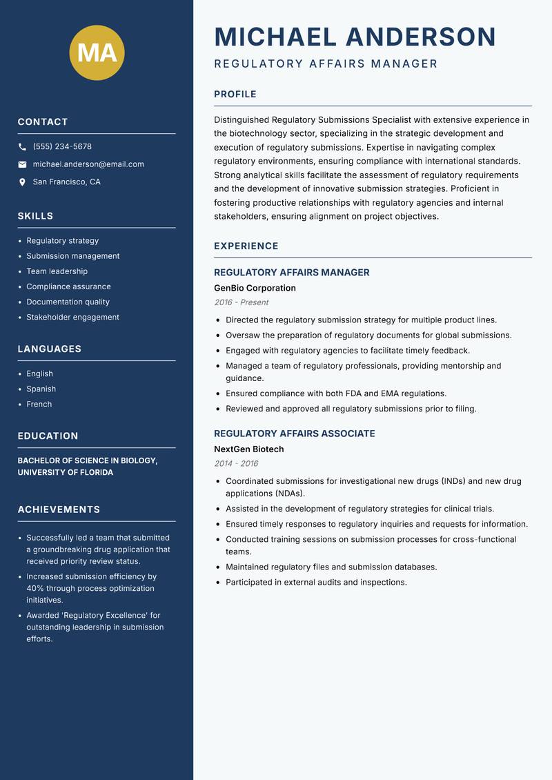 Regulatory Submissions Specialist resume template — Classic Clean