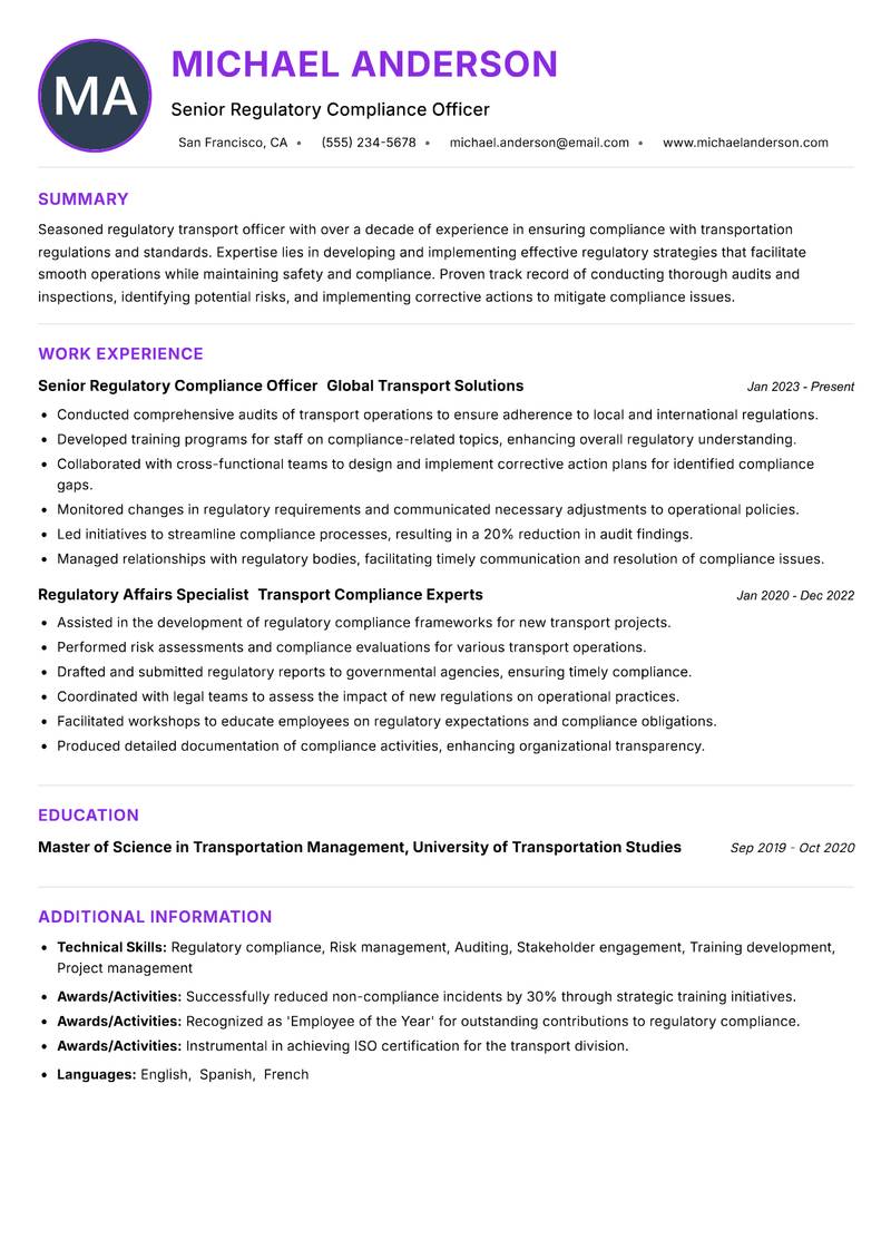 Regulatory Transport Officer resume example — ATS-friendly template