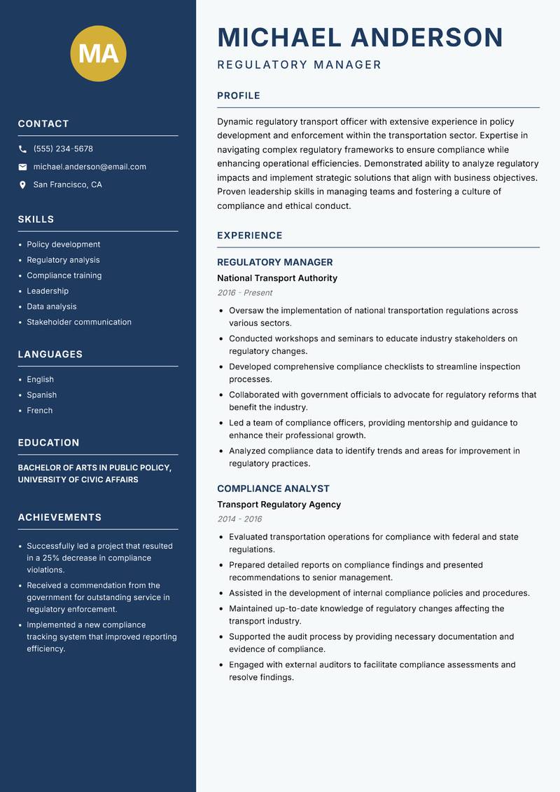 Regulatory Transport Officer resume template — Classic Clean